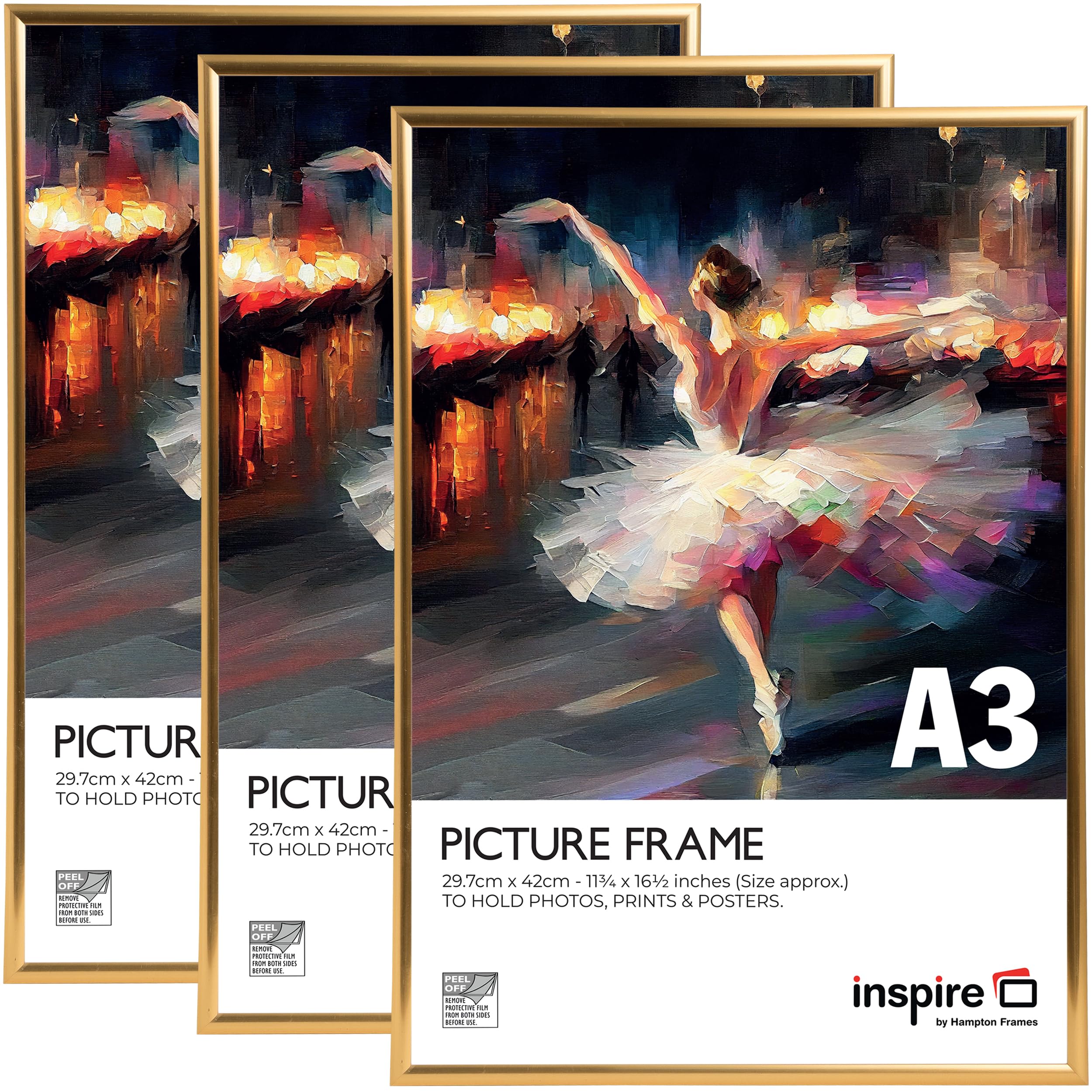 inspire by Hampton Frames BACKLOADER A3 Gold Poster Frame Acrylic (Non-Glass) Pack of 3