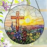 8 Inch Cross Sunset Suncatchers for Windows Hanging, Indoor Decor 8 Inch, Stained Glass Gift, Christian Gifts, Religious Gifts, Christian Cross, Christmas Jesus Gift, Window Decor