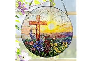 LAOWEIKI 8 Inch Cross Sunset Suncatchers for Windows Hanging, Indoor Decor 8 Inch, Stained Glass Gift, Christian Gifts, Religious Gifts, Christian Cross, Christmas Jesus Gift, Window Decor