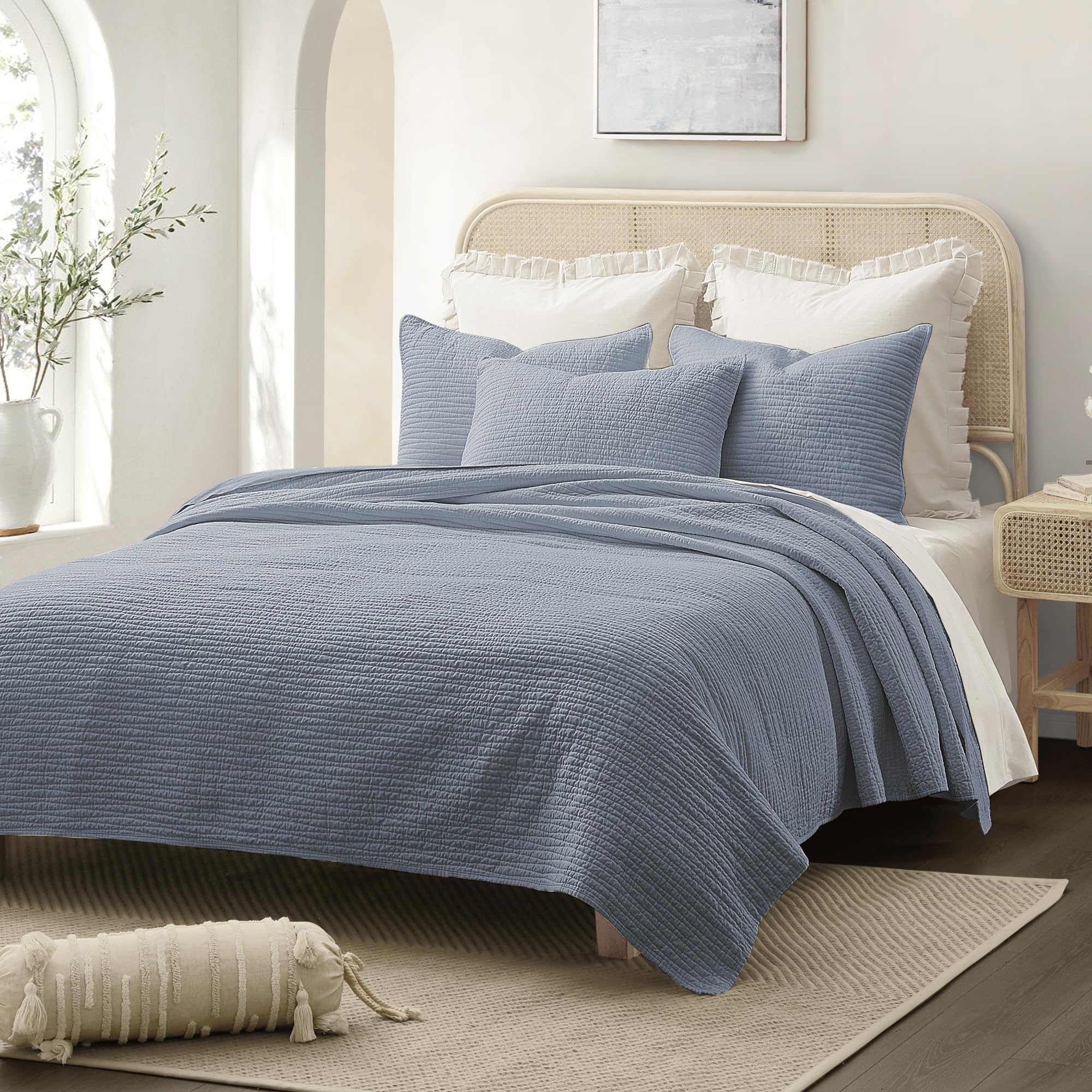 Photo 1 of Wonderful Natural Linen Cotton Quilt - Wave Stitched Blue Queen Quilt, 100% Cotton Filling, Pre-Washed, Soft & Breathable, Hypoallergenic, All-Season Use, Bedspread & Coverlet Bedding, 94"x94"