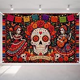 Dia de los Muertos Decorations - Day of The Dead Sugar Skull Backdrop | Mexican Fiesta Photography Background Banner | Skeleton Marigold Papel Picado Decor for Day of the Dead Party Indoor Outdoor