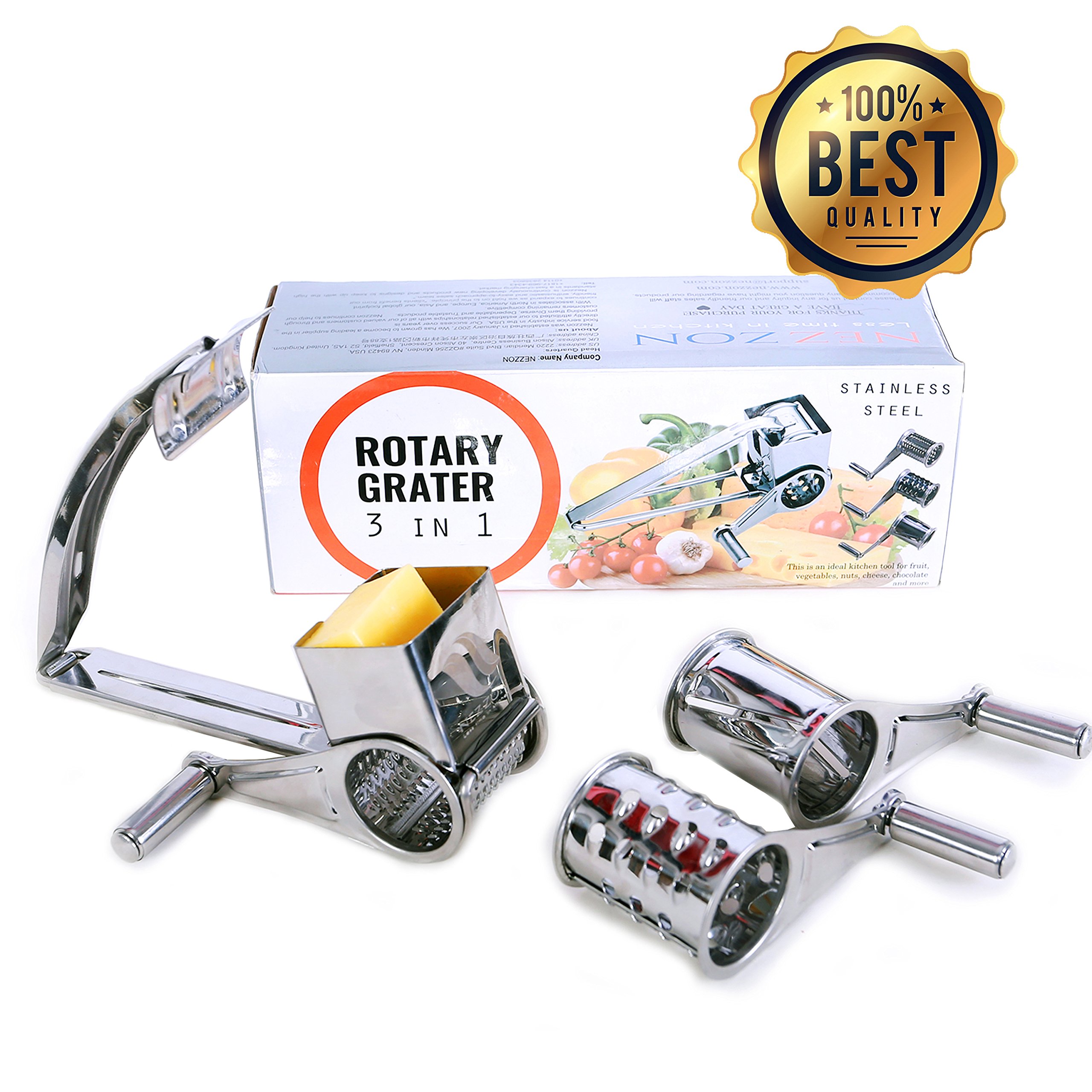 Rotary Cheese Grater Slicer Shredder with 3 Stainless Steel Drums for Soft and Hard Cheese, Chocolate, Nuts, Vegetables, Fruits. With a FREE 101 Tips and Techniques for Cooking Like a Chef E-book
