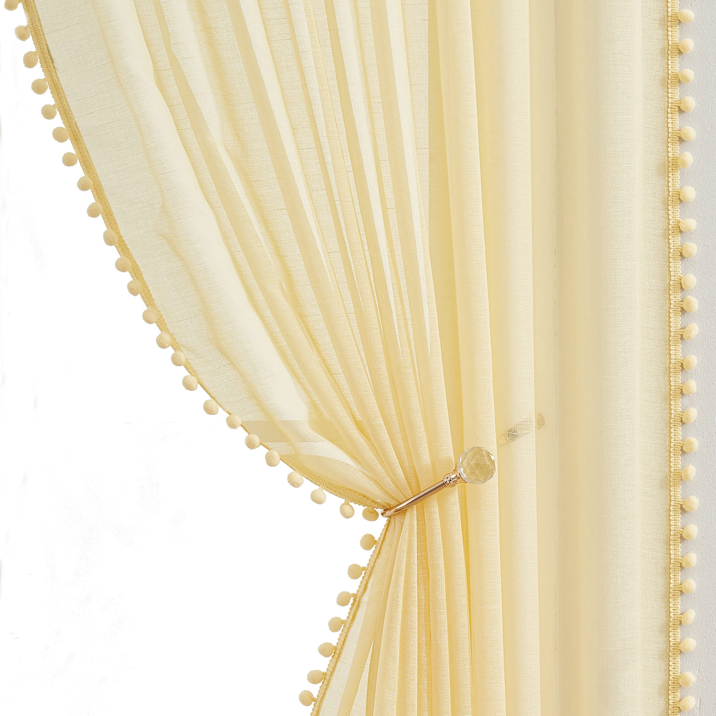 Pom Pom Sheer Yellow Curtains for Living Room Bedroom 52 x 72 Inch Slub Linen Texture Curtain Panels for Nursery Kids Room Airy & Light Filtering Solid Pencil Pleat Tape Top Voile Window Drapes 2 Pack — image 1