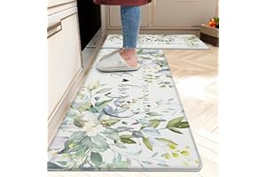 weesire Green Kitchen Rug Anti Fatigue Mats for Kitchen Floor Kitchen Rugs Sage Green Floral Herb Memory Foam Kitchen Mat Cushioned PVC Leather Kitchen Rug Set, 17.3x28+17.3x47 inchs