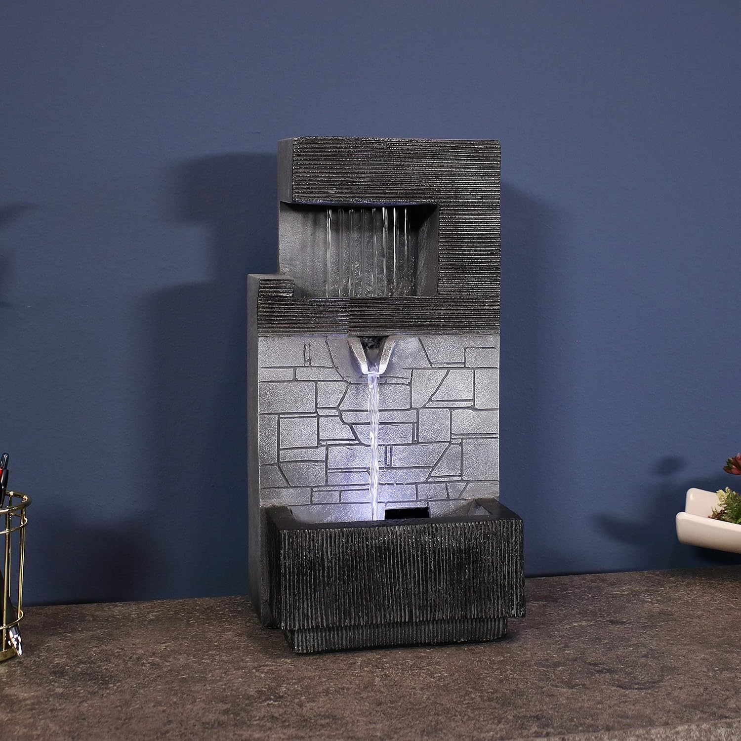 Sunnydaze 13-Inch Modern Tiered Brick Wall Tabletop Indoor Water Fountain with LED Light - Small Interior Water Feature for Desktop and Table - Mini Decorative Fountain for Home and Office: Kitchen & Dining