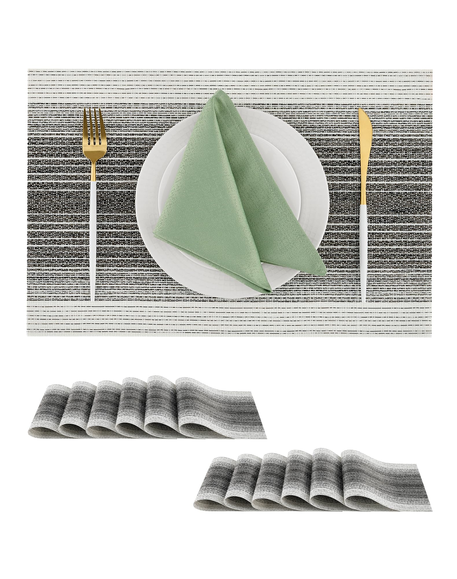 Leetaltree Black with White Woven Placemats Set of 12 - Heat Resistant Non-Slip Place mats for Dining Table, Washable Durable PVC Vinyl Woven Table Mats(Black with White, 12) Image