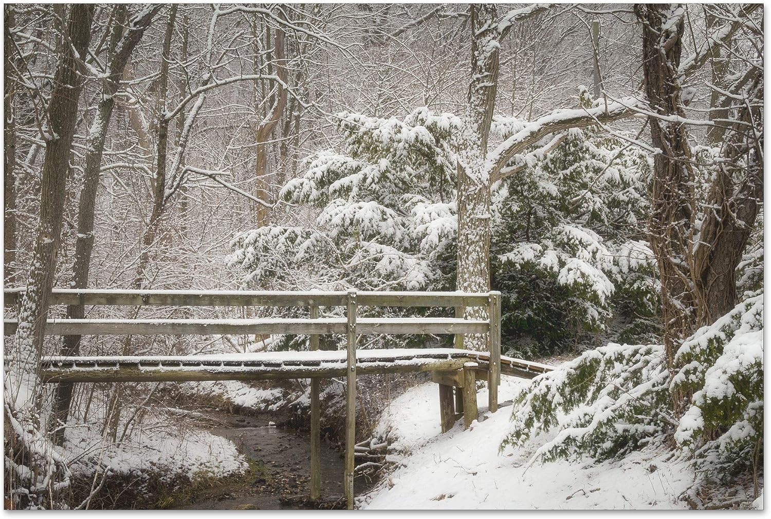 Photographs - Winter Landscape Wall Art, Bridge in the Snow, Nature Pictures Wall Decor - Kiser Lake Footbridge