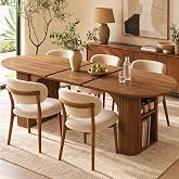 Round Extendable Dining Table, 71"-87" Oval Kitchen Table Storage, Walnut | STHOUYN Circle Expandable Dining Tables, Seats 4-8, Wood Fluted Base, Transformer, Kitchen, Dining Room, Breakfast Nook