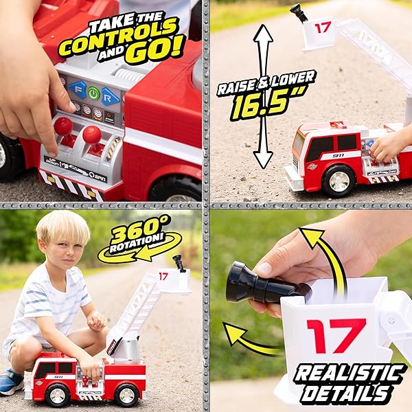 MAXX ACTION 2-N-1 FIRETRUCK WITH JOYSTICK CONTROLS, LIGHTS, SIREN SOUNDS, MOTORIZED MOVEMENT, AND 360° SPINNING LADDER – 16-INCH RESCUE TOY VEHICLE FOR KIDS