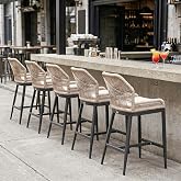 PURPLE LEAF Counter Height Bar Stools Set of 4, Cushion and Back, Dark Grey | Removable Quick-Dry Olefin Seat Fabric, Stable Aluminum, All-Weather Textilene Handwoven Rope, Boho Style, Ergonomic Footrest