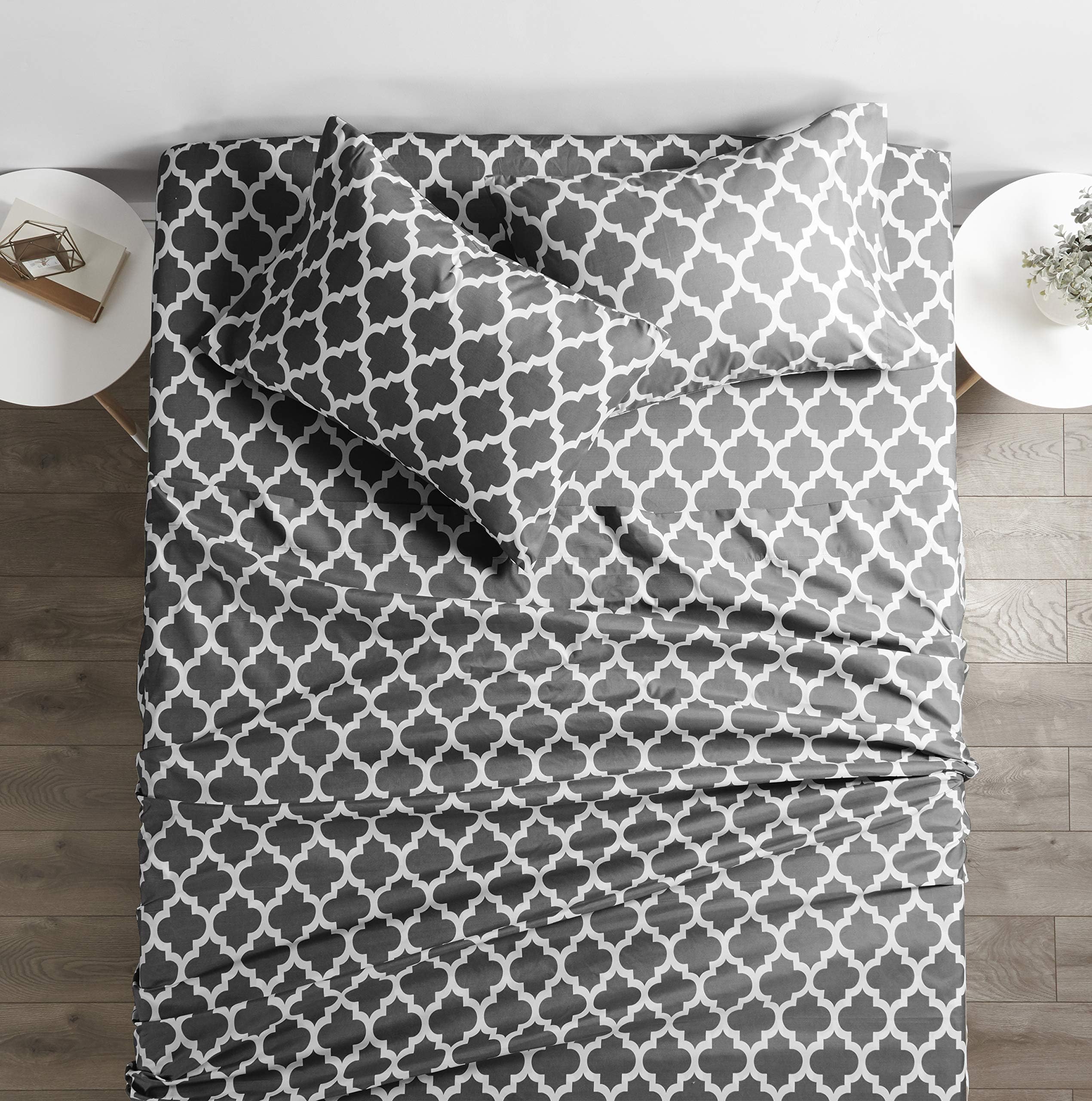 Italian Luxury 1800 Series Hotel Collection Quatrefoil Pattern Bed Sheet Set - Deep Pockets, Wrinkle and Fade Resistant, Hypoallergenic Printed Sheet and Pillow Case Set - California King - Gray