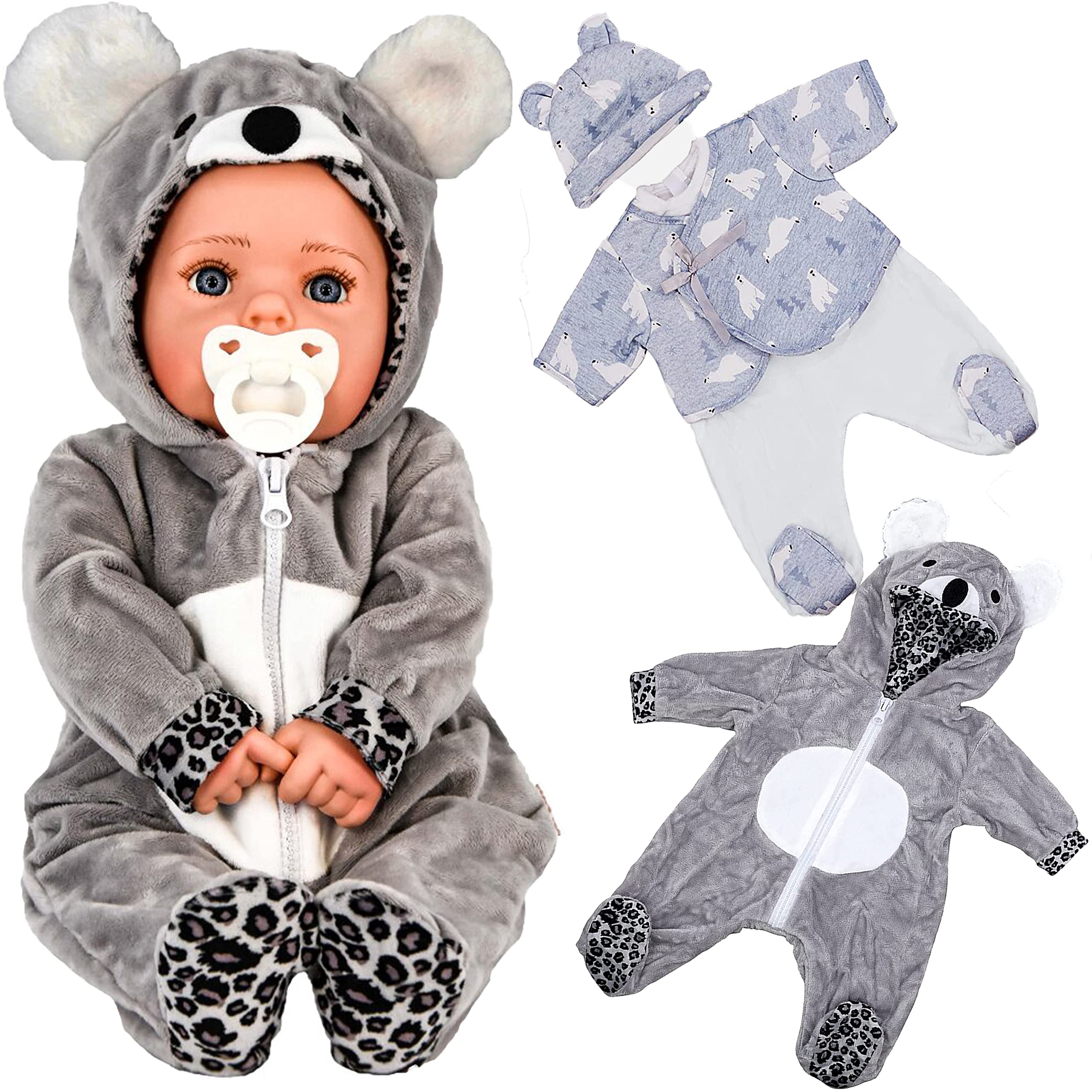 BiBi Doll Baby Doll & Reborn Clothes Set, 20" (50cm) - Pack of 2 Animal Outfits Including Grey Bear Jumpsuit & Blue Polar Bear Set - Role Play Toys & Accessories for Girls & Boys, 18 Months+ — image 1