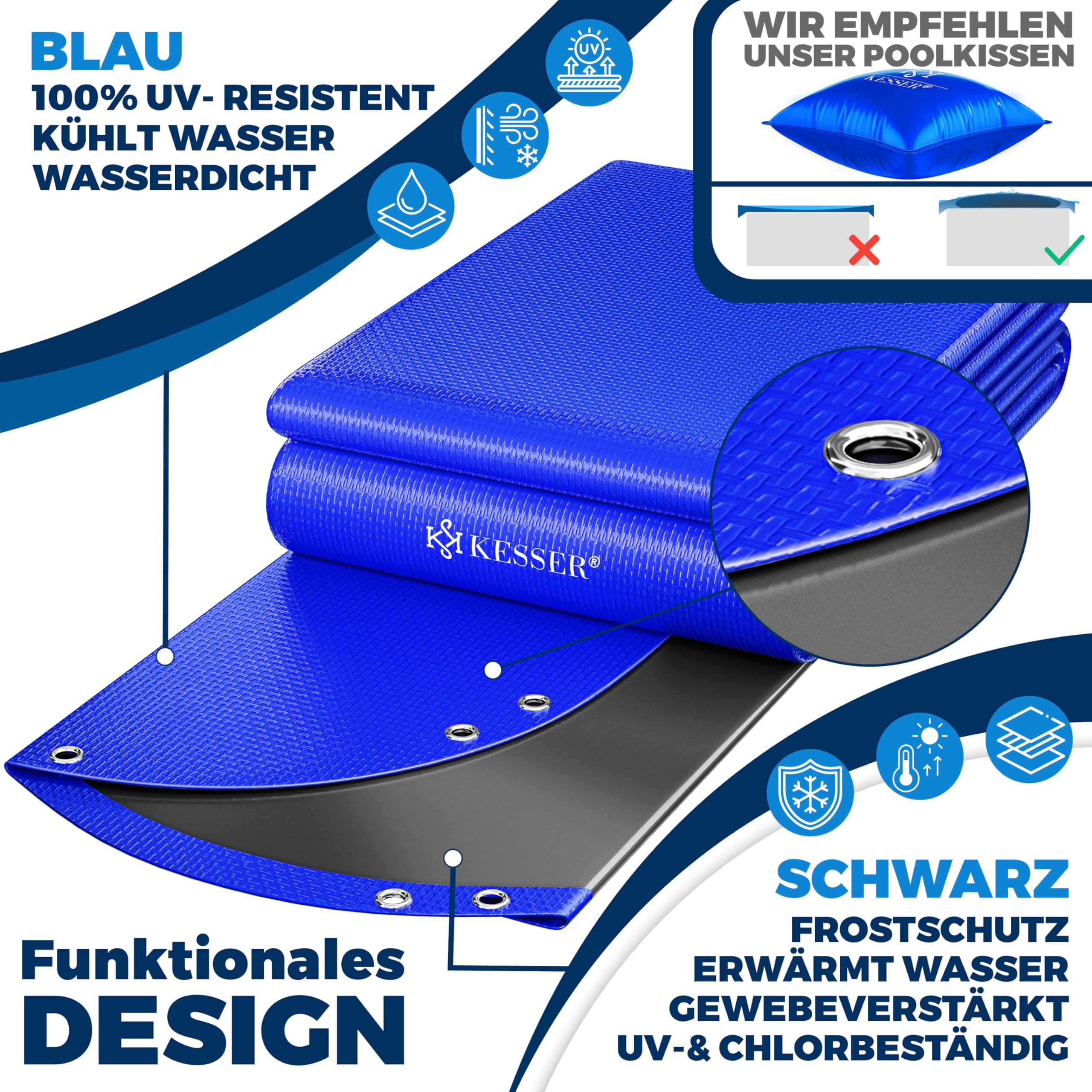KESSER® Solar Poolabdeckung Pool Abdeckplane Rund Ø305cm Poolplane 200g/m² PE Material Inkl. Stahlseil + Seilspanner mit Ösen Solarplane Abdeckung UV-resistent, Wetterfest für Sommer & Winter 6