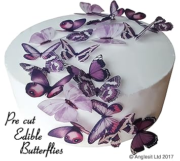 24 x Vorgeschnittene schöne lila Schmetterlinge essbares Reispapier/Oblatenpapier Kuchendekoration, Dekoration für Cupcake Ku