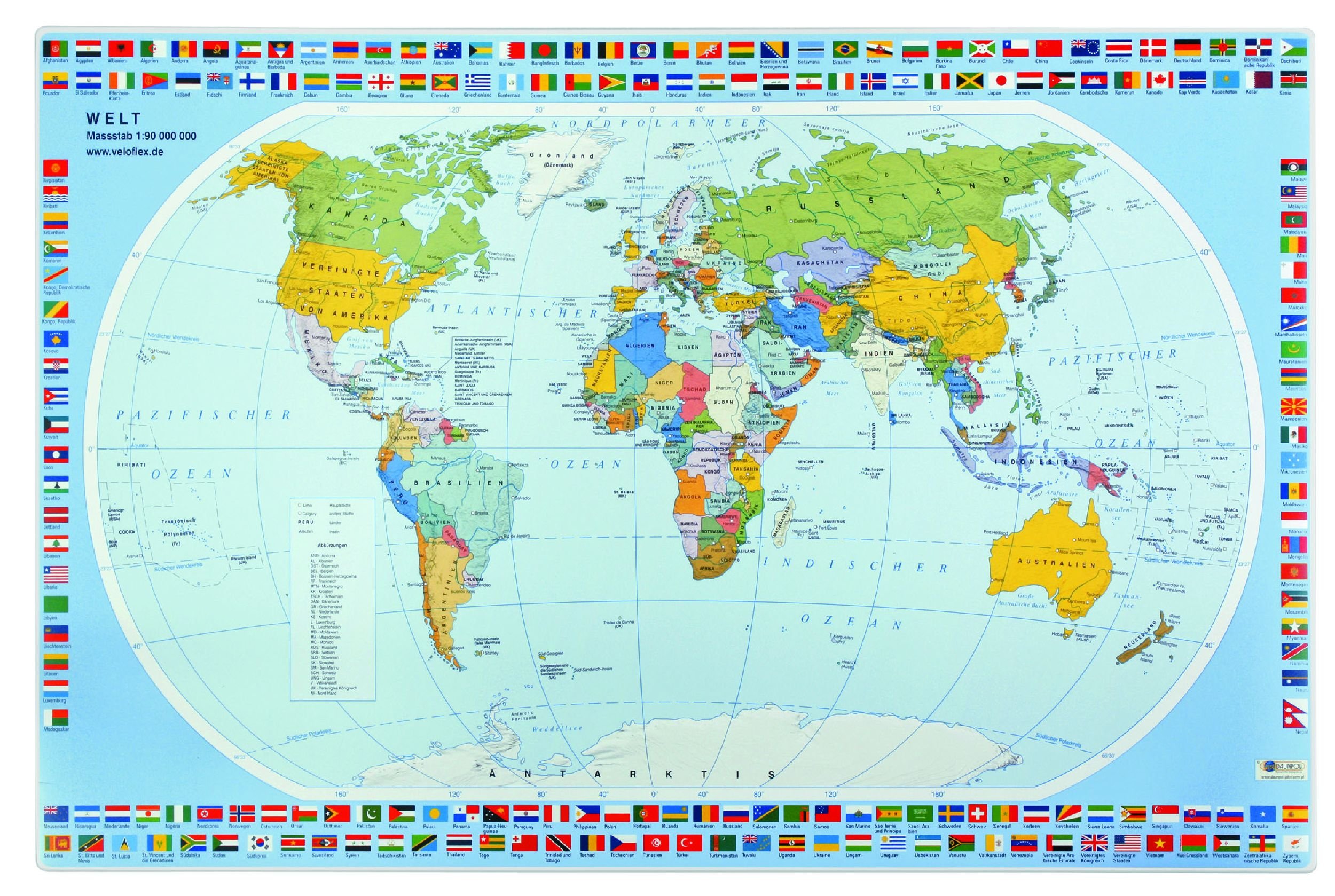 VELOFLEX 4671000 Desk Mat World Map, 40 x 60 cm, Non-Slip, Wipe-Clean, with Transparent Anti-Reflective Protective Film, Desk Mat, Painting Mat, Craft Mat, 1 Piece