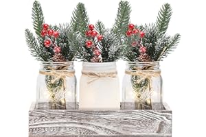 MARACCO Christmas Mason Jar Centerpiece for Table with LED Lights & Artificial Plants, Set of 3 Farmhouse Decorative Mason Jars for Christmas Home Decor, Winter Kitchen Dining Table Centerpiece