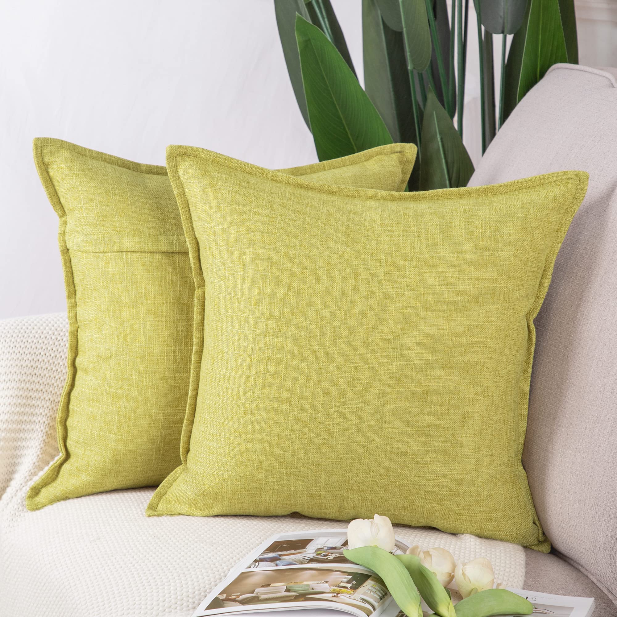 Madizz Set of 2 Faux Linen Cushion Covers 20x20 inch, 50x50 cm, Yellowish Green Soft Decorative Couch Pillows for Bed Pillowcases for Sofa Livingroom Home Decor