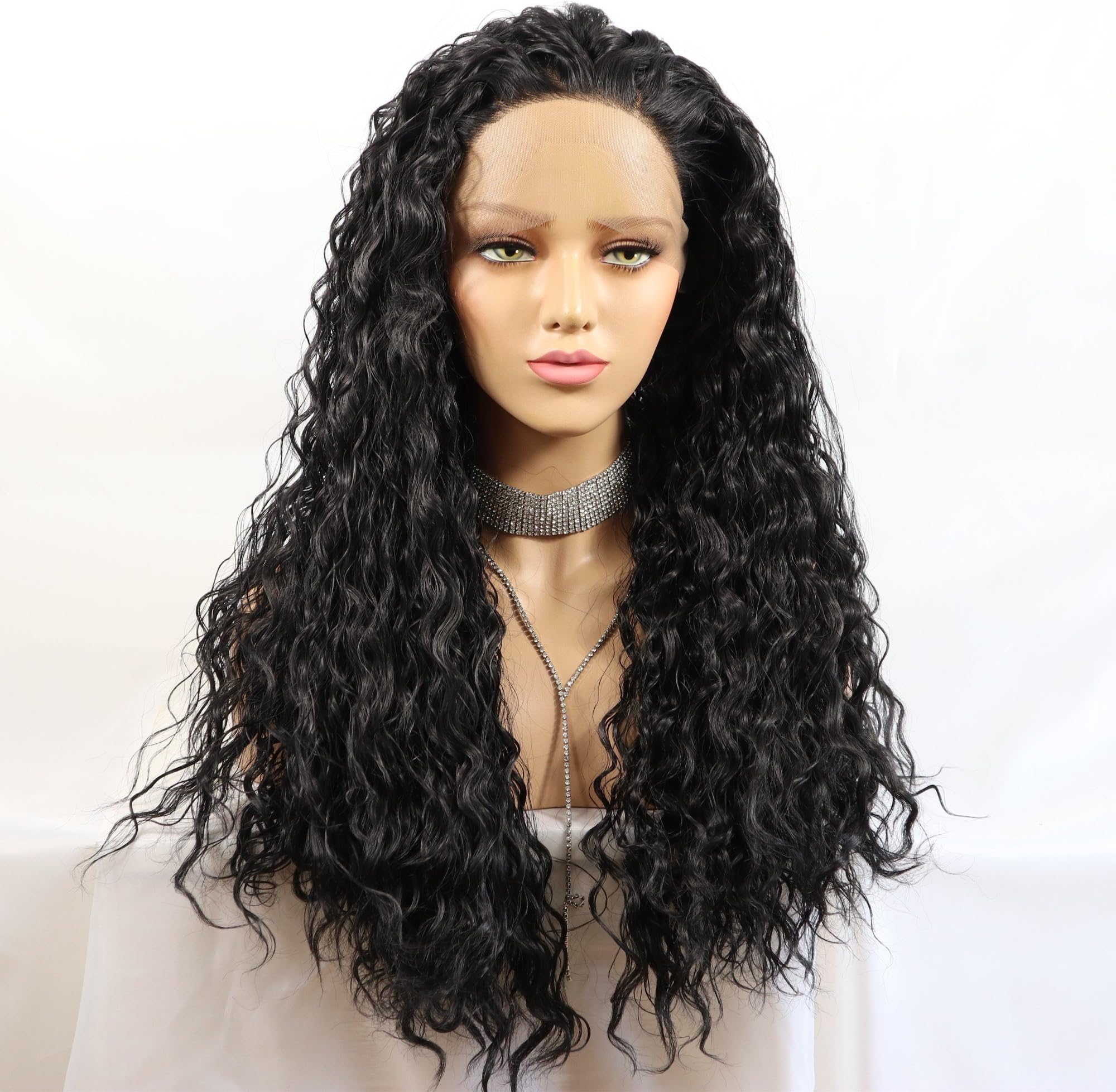 Meinod Black Loose Curly Lace Front Wigs Heat Resistant Fiber Hair Synthetic Lace Front Wig For Black Women (Color 1B)