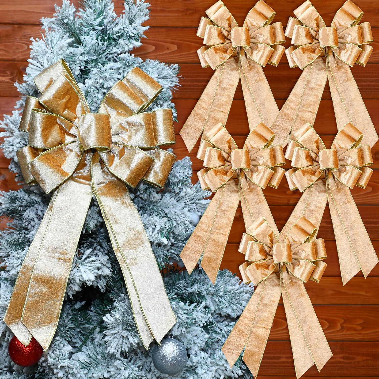 Bows & Ribbons - Yinkin 6 Pack Large Christmas Bows for Wreath 11.4 x 19.6 in Champagne Velvet Bows with Gilt Edged Tree Topper Bow for Xmas Home Garden Indoor Outdoor Party Wreath Supplies Decor (Stylish Style)