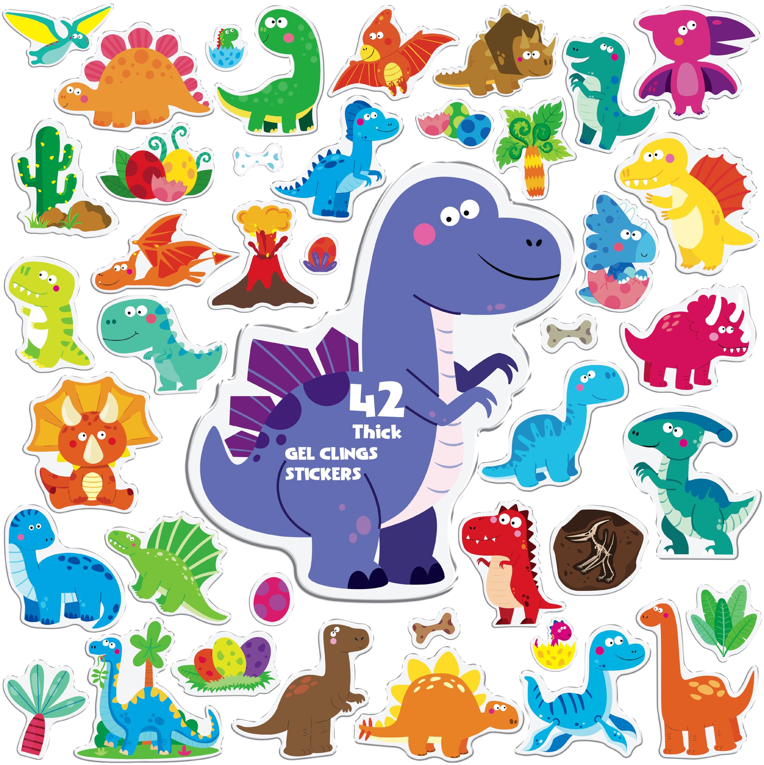 42PCS Dinosaur Jelly Stickers, Thick Window Door Clings Removable Reusable Gel Clings Decals for Kids Toddlers Adults Home Classroom Nursery Animal Theme Party Supplies (Not Edible)