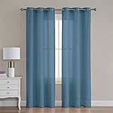 TEXPLUS 2 Pieces Metallic Solid Color Semi-Sheer Grommet Top Fabric Window Curtain Panels 54”W×84“L (Blue)