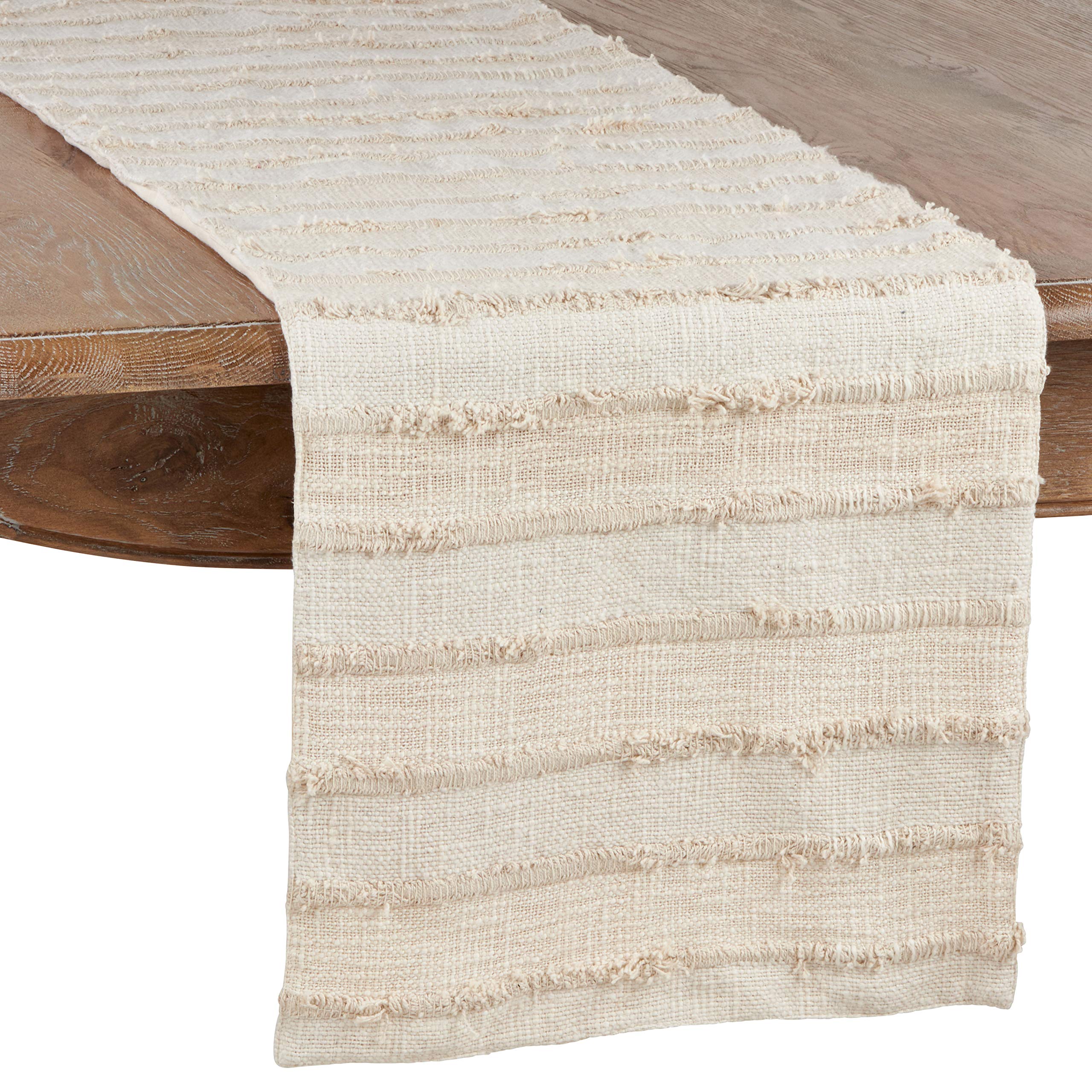 SARO LIFESTYLE Michonne Collection Fringe Stripe Table Runner, 16" x 54", Ivory