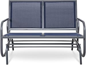 NUU GARDEN 2 Seats Outdoor Glider Swing Loveseat Chair with Powder Coated Steel Frame, Garden Rocking Seating, Patio Bench for 2 Person, Blue