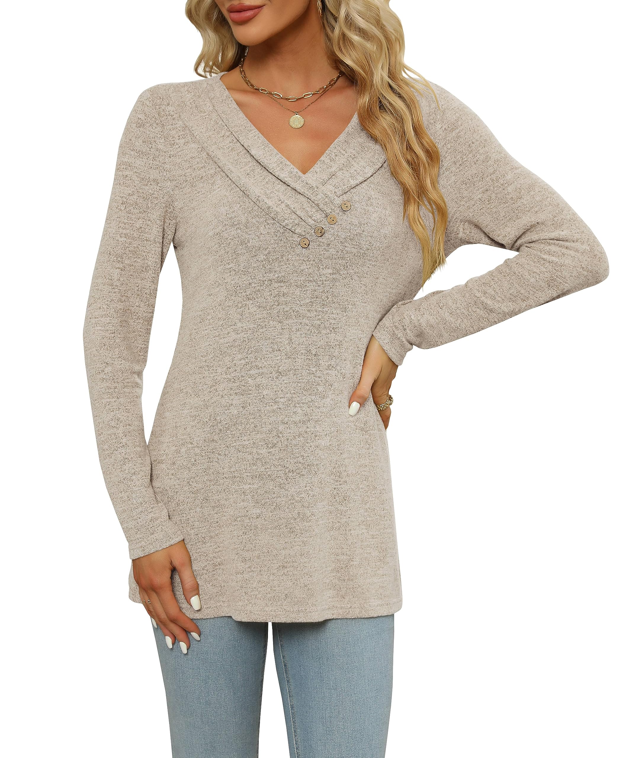 Women's Fall Long Sleeve Tunic Tops for Leggings V Neck Button Casual Blouse Sweatshirt