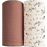 Konssy Muslin Swaddle Blankets for Boys Girls, 2 Pack Receiving Baby Blanket Large 47 x 47 inches, Soft Breathable Swaddling Wrap for Unisex Newborn (Chestnut, Posy)
