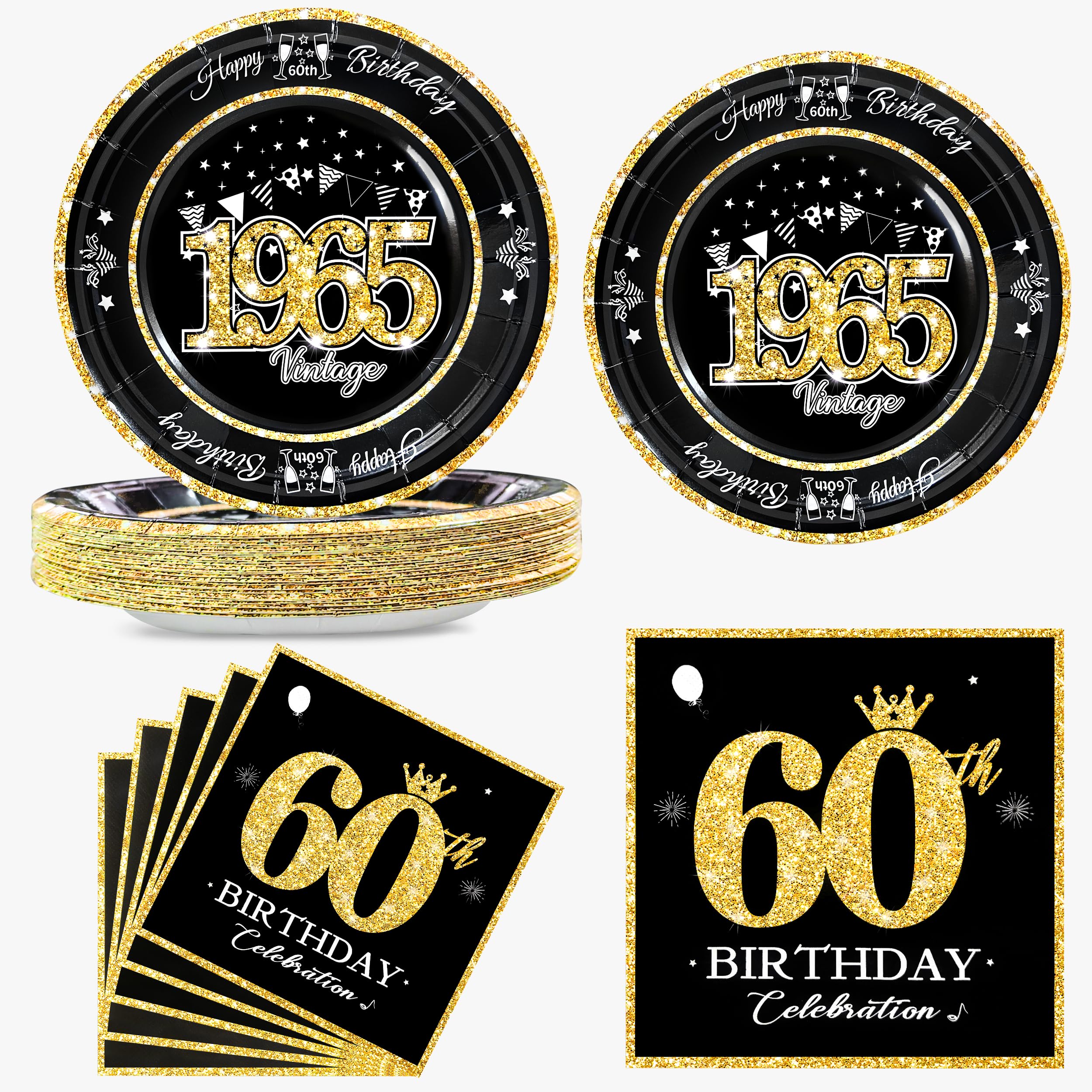 Photo 1 of algpty 60 PCS Vintage 60th Birthday Plates and Napkins Set, 60th Birthday Decorations Black and Gold, Service for 30, 1965 Birthday Dessert Plates and Napkins Party Supplies for Men Women