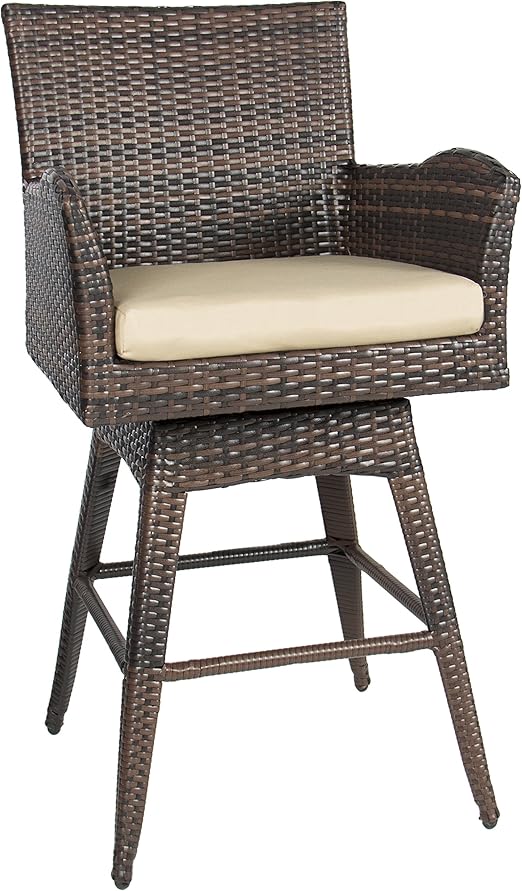 Amazon Com Kovalenthor Outdoor Bar Stool With Cushion Wicker Swivel Brown Chair Indoor Outdoor Wicker Barstool Patio Garden Outdoor