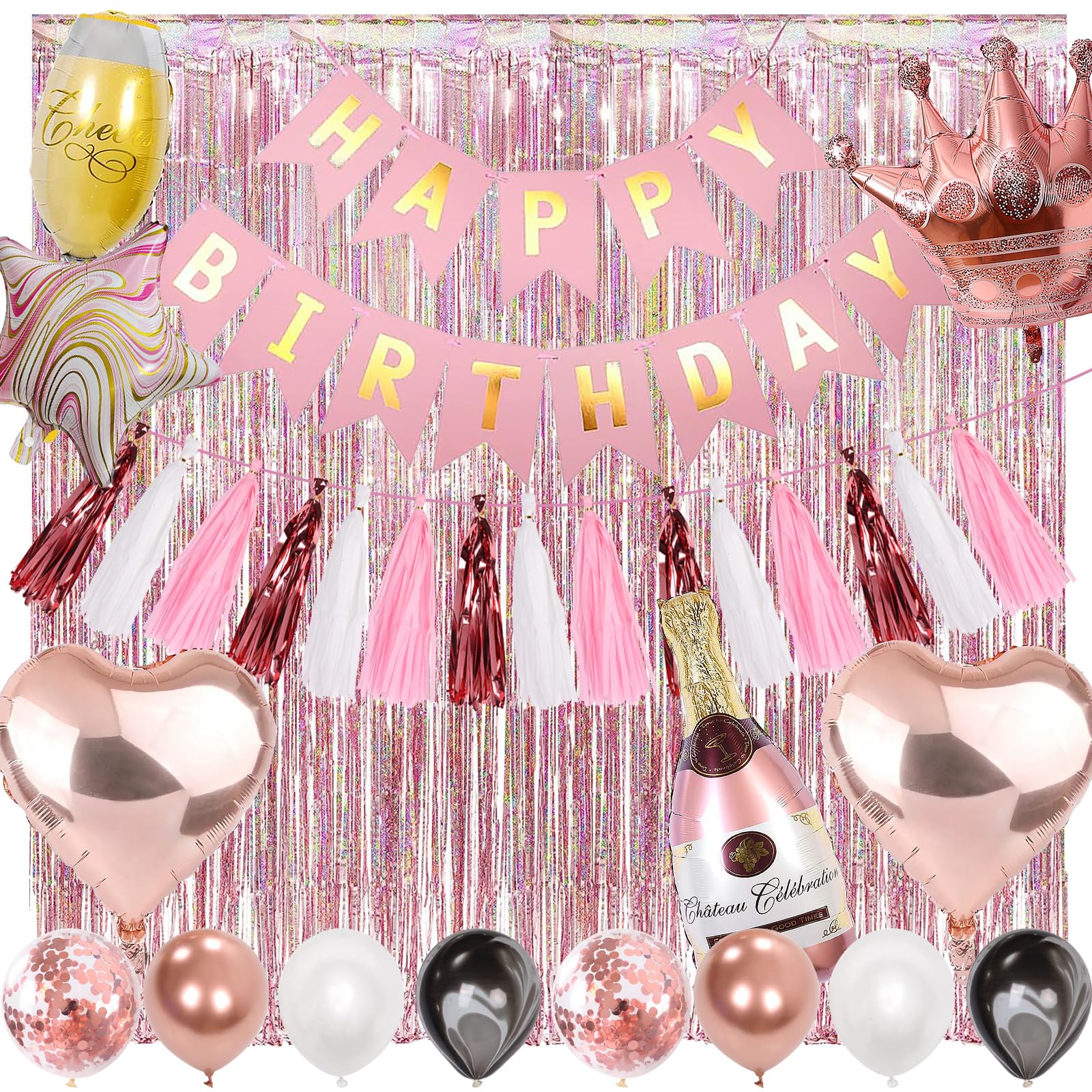 Photo 1 of 118 piece Rose Gold Birthday Balloon Party Decoration Happy Birthday Banner Foil Fringe Curtain Paper Tassels Garland Birthday Decoration Party Supplies for Women Girls