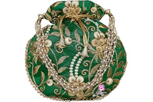EKAVYA Potli Bag for Women Ethnic Gold, Pearl Handle Floral Accents, Drawstring Closure Pearls Handle Batwa Clutch Purse