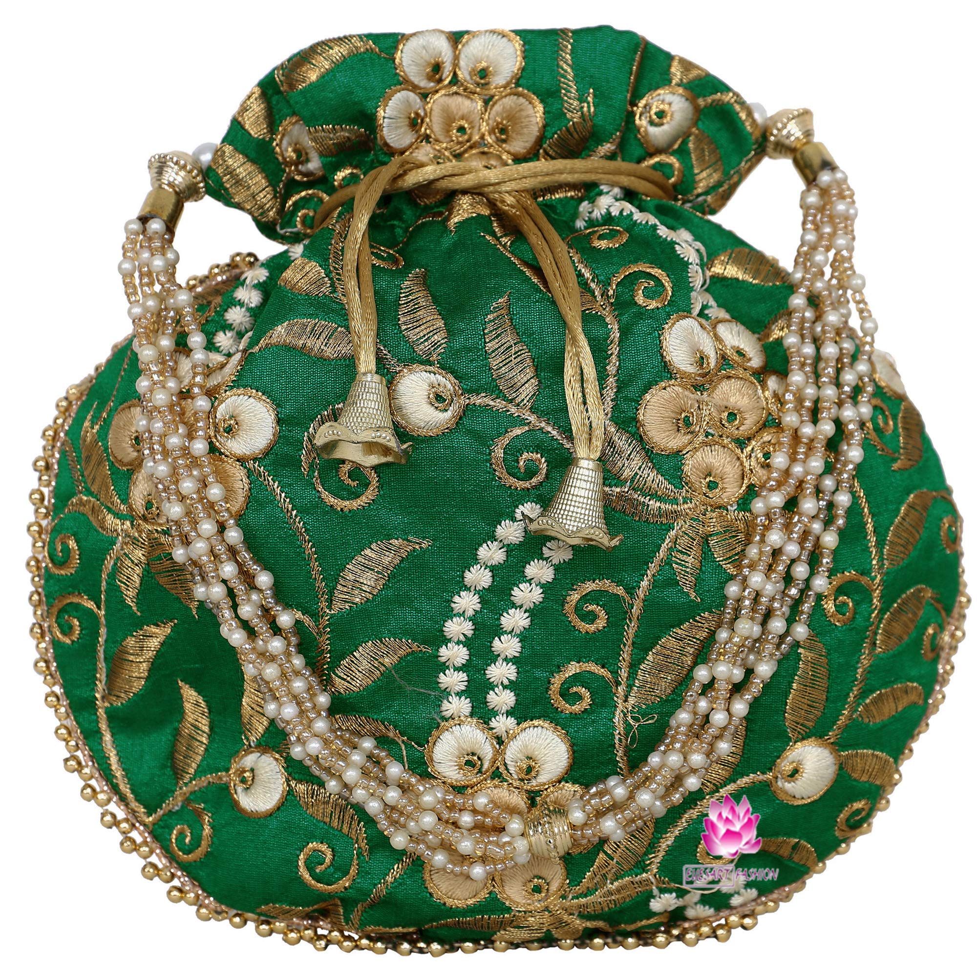 EkavyaPotli Bag for Women Ethnic Gold, Pearl Handle Floral Accents, Drawstring Closure Pearls Handle Batwa Clutch Purse