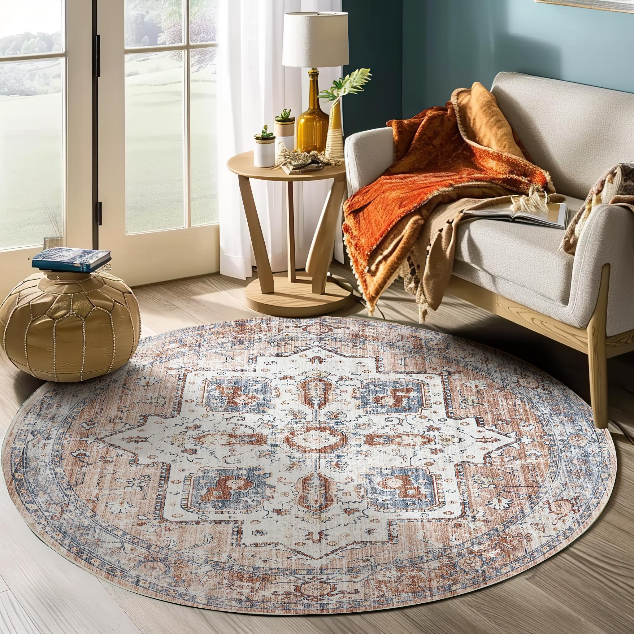 Photo 1 of jinchan Round Rug 6ft Area Rug - Machine Washable 6'Circle Vintage Floral Non-Slip with Rubber Backing Ultra-Thin Low-Pile Carpet for Bedroom Living Room Dining Room Entryway (6'Round,Orange)