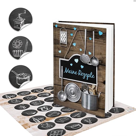 Logbuch-Verlag Rezeptbuch zum Selberschreiben DIN A5 Hardcover TÜRKISE HERZEN Holz-Optik + 35 Aufkleber Tafelkreide-Look Vint