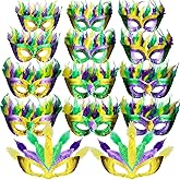 Gejoy 14 Pieces Mardi Gras Feather Mask Carnival Gold Green Purple Masquerade Masks for Mardi Gras Costume Party Favors Photo Props