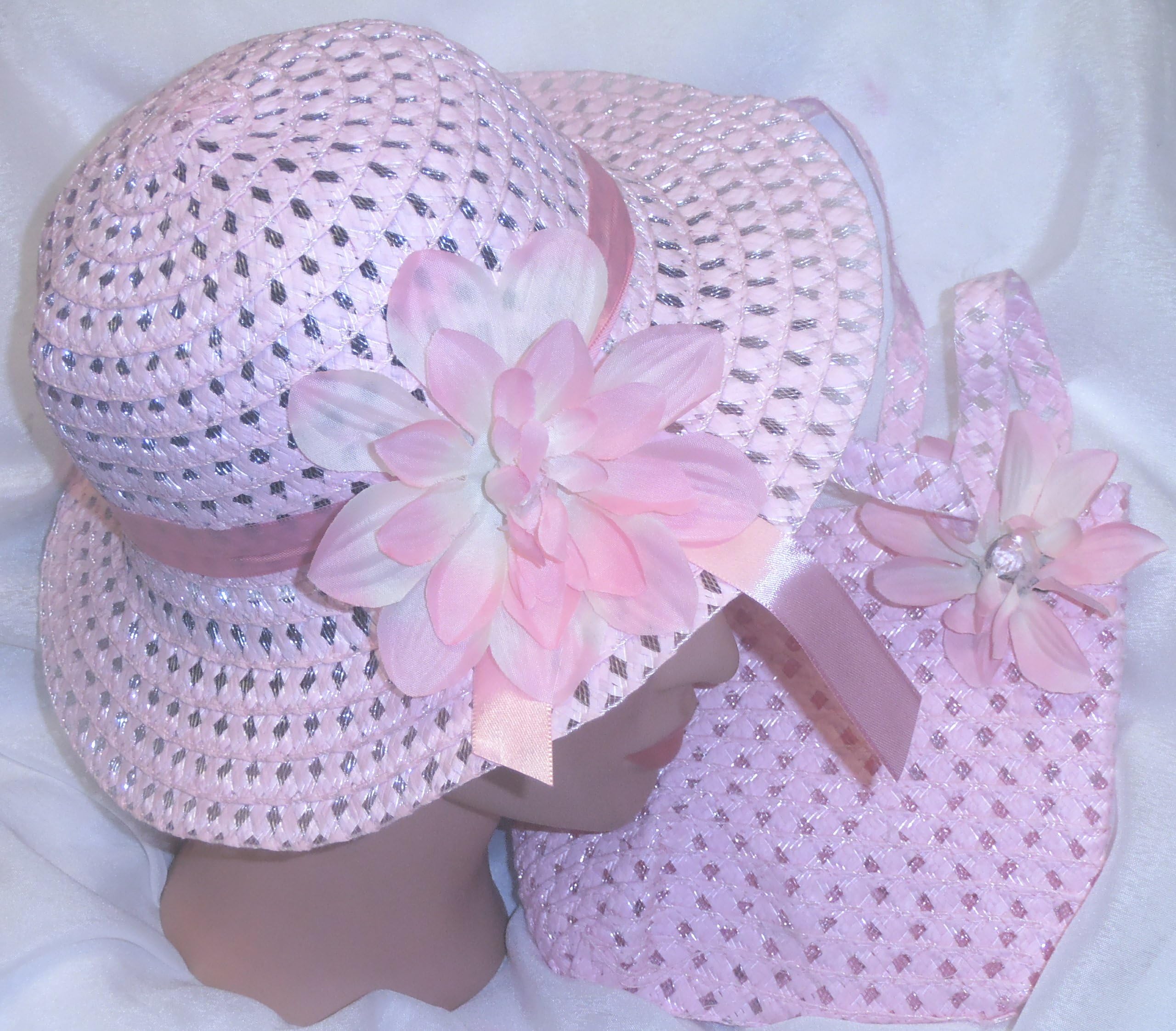 Girls Hat Easter Hat & Bag Set Pink Ribbon Flower Easter Bonnet Dressup Teaparty