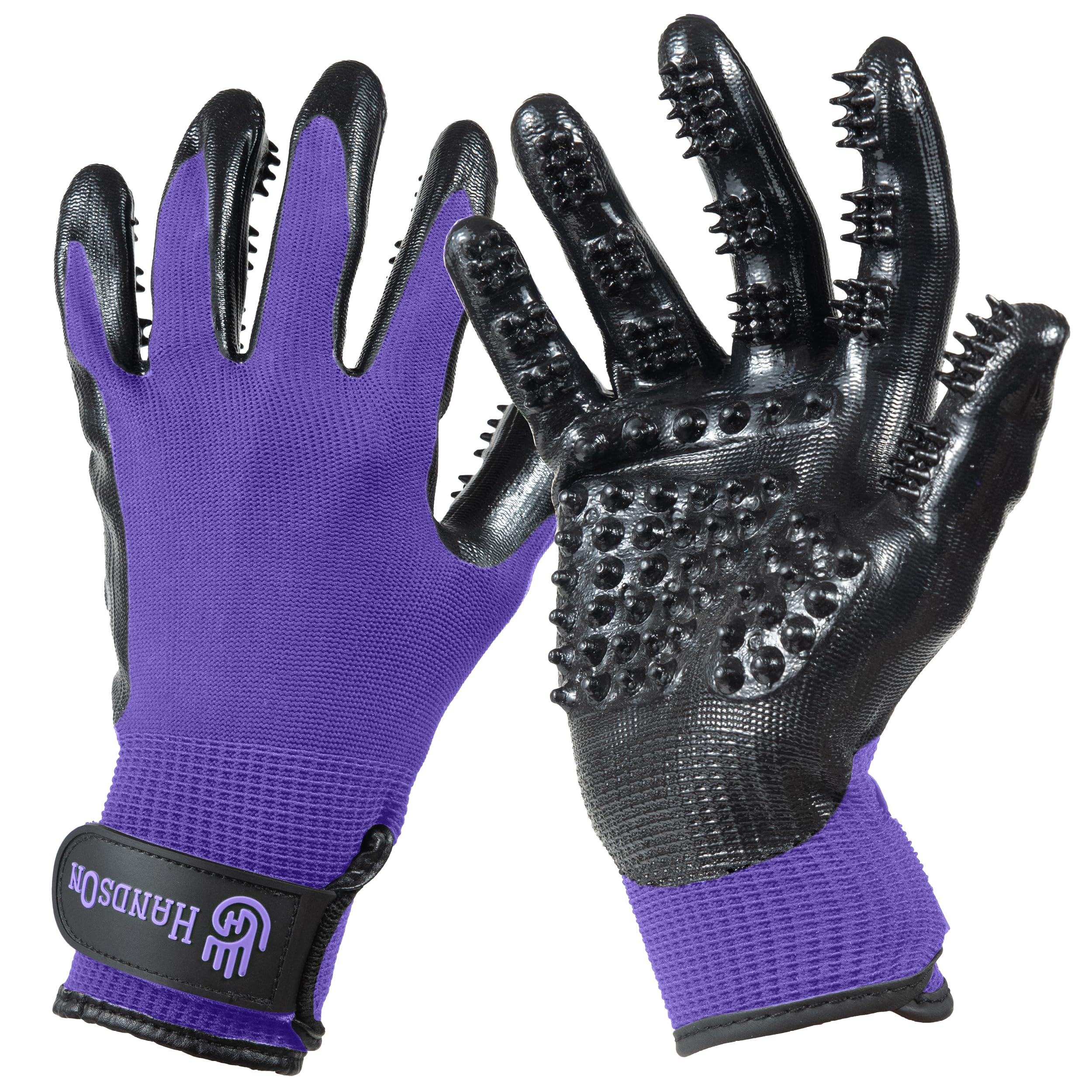 Handson Pet Grooming Gloves - Patented #1 Ranked, Award Winning Shedding, Bathing, Hair Remover Gloves - Gentle Brush for Cats, Dogs, and Horses (Purple, Junior) — image 1