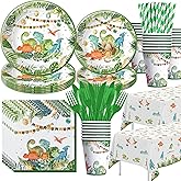 APOWBLS Dinosaur Birthday Party Supplies - Dinosaur Baby Shower Decorations Tableware, Plate, Cup, Napkin, Tablecloth, Cutlery, Watercolor Dino Theme Baby Shower Birthday Party Decorations | Serve 24