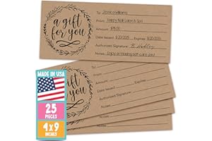 Hadley Designs 25 Blank Gift Certificates for Business – 4x9 Christmas Gift Certificates Cards for Small Business, Spa, Massage, Nail & Hair Salon, Restaurant, Holidays Coupon Vouchers Made in USA