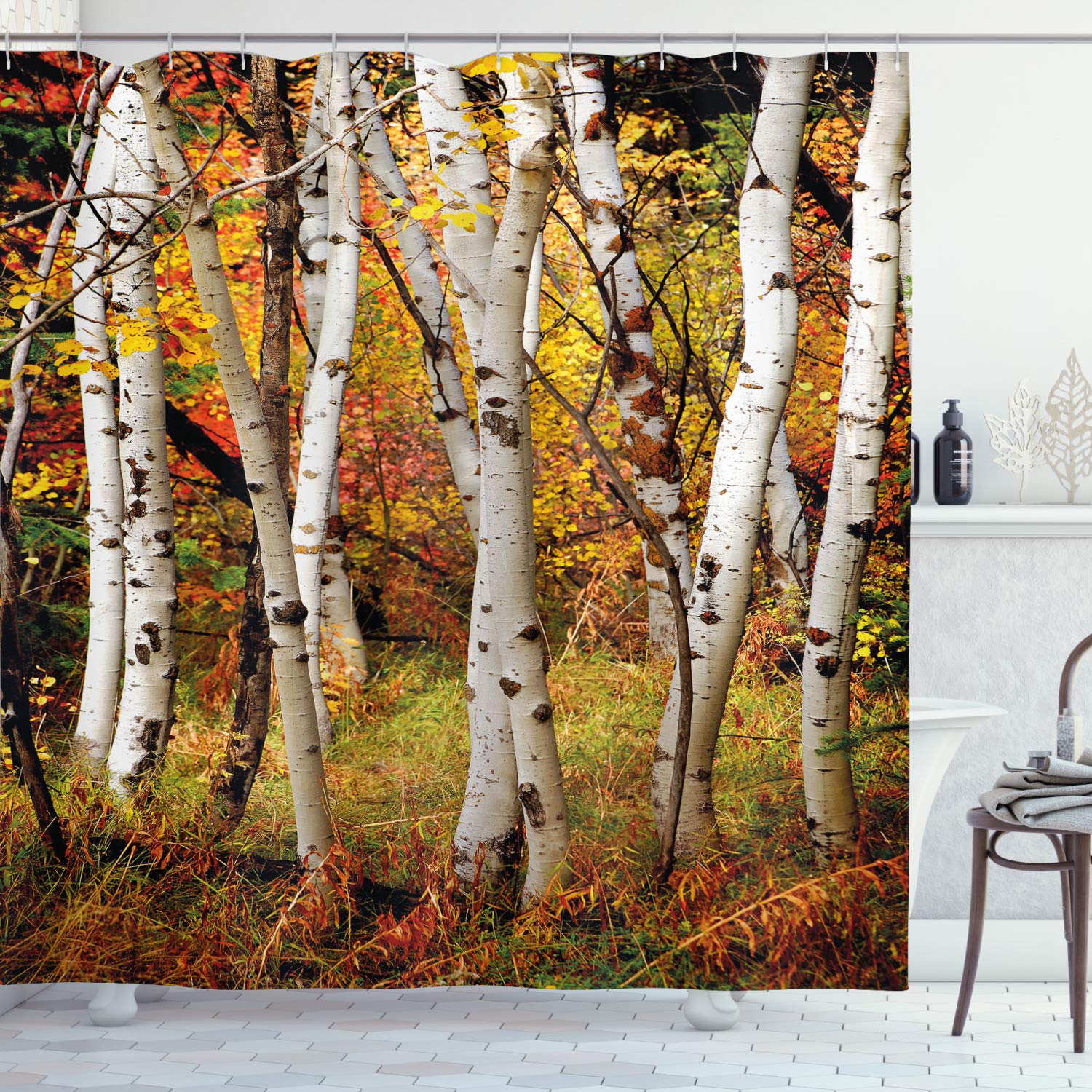 ABAKUHAUS Fall Shower Curtain, White Birch Trees Autumn Leaves Growth Wilderness Ecology Calm Serene View Print, Cloth Fabric Bathroom Decor Set with Hooks, 94 Inches, Multicolor