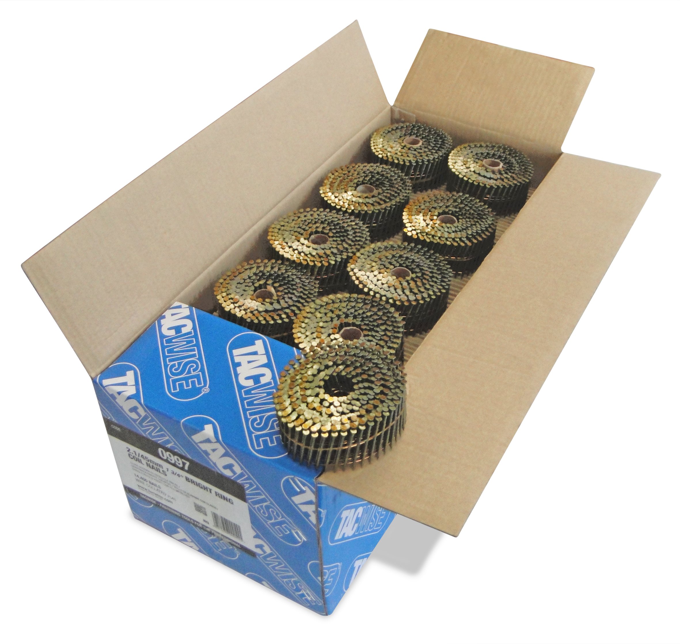 Tacwise 0997 Bright Flat Top Coil Nails Type 2.1 x 45 mm, Diamond Point, Ring Shank, 16° Inclined, Wire Collated, Pack of 14,400