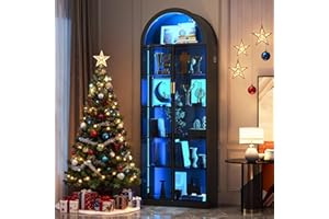 Dystler Arch Display Cabinet with Doors and Adjustable Shelves, 76" Tall Curio Cabinet with LED Lights/Storage Space, 6 Tier Display Case Bookcase for Collectibles Bedroom Living Room Office, Black