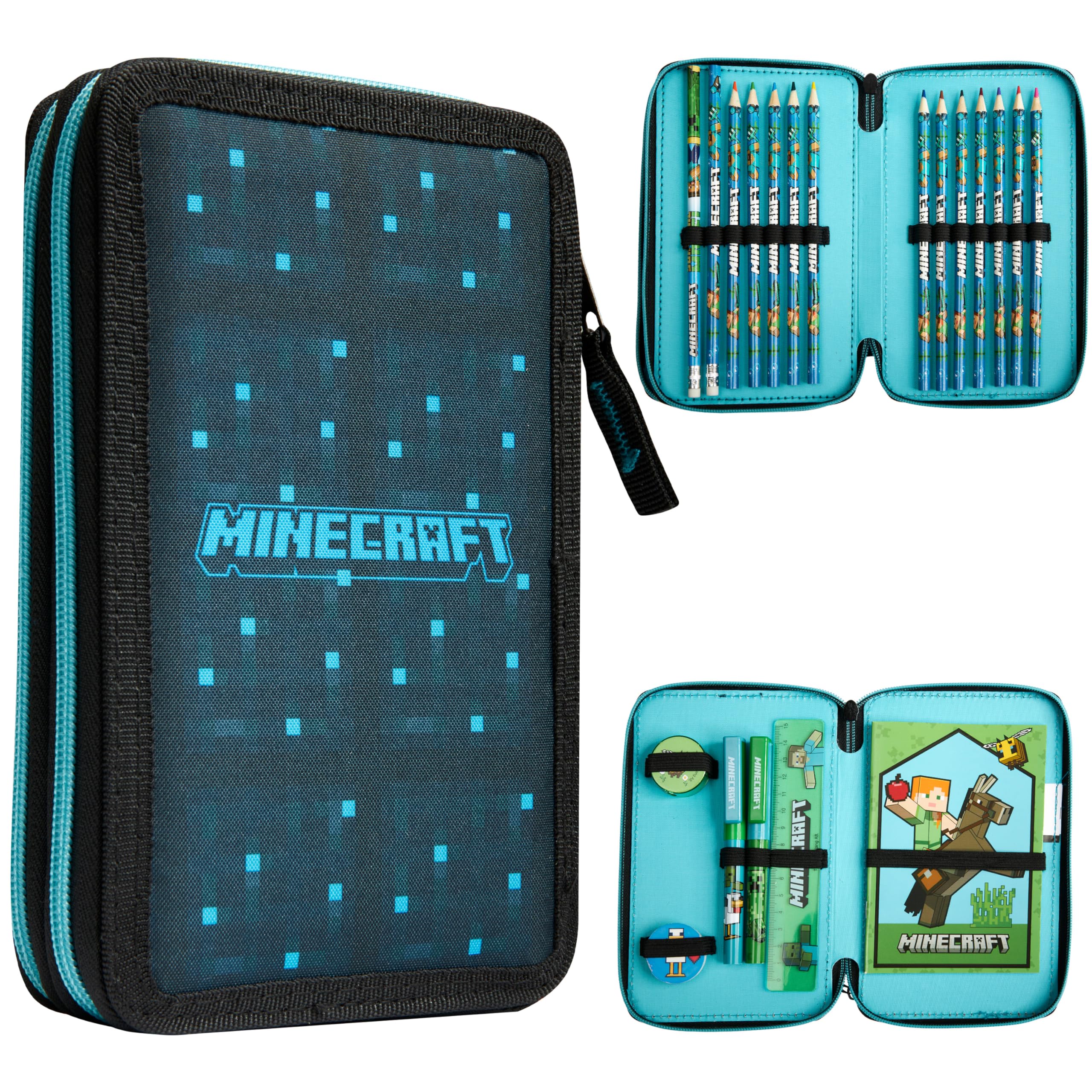 Minecraft Pencil Case Kids Teens Filled with Gamer Stationery Set School Supplies Creeper Pen Case Multiple Compartments Drawing Writing Colouring Set (Blue/Black)