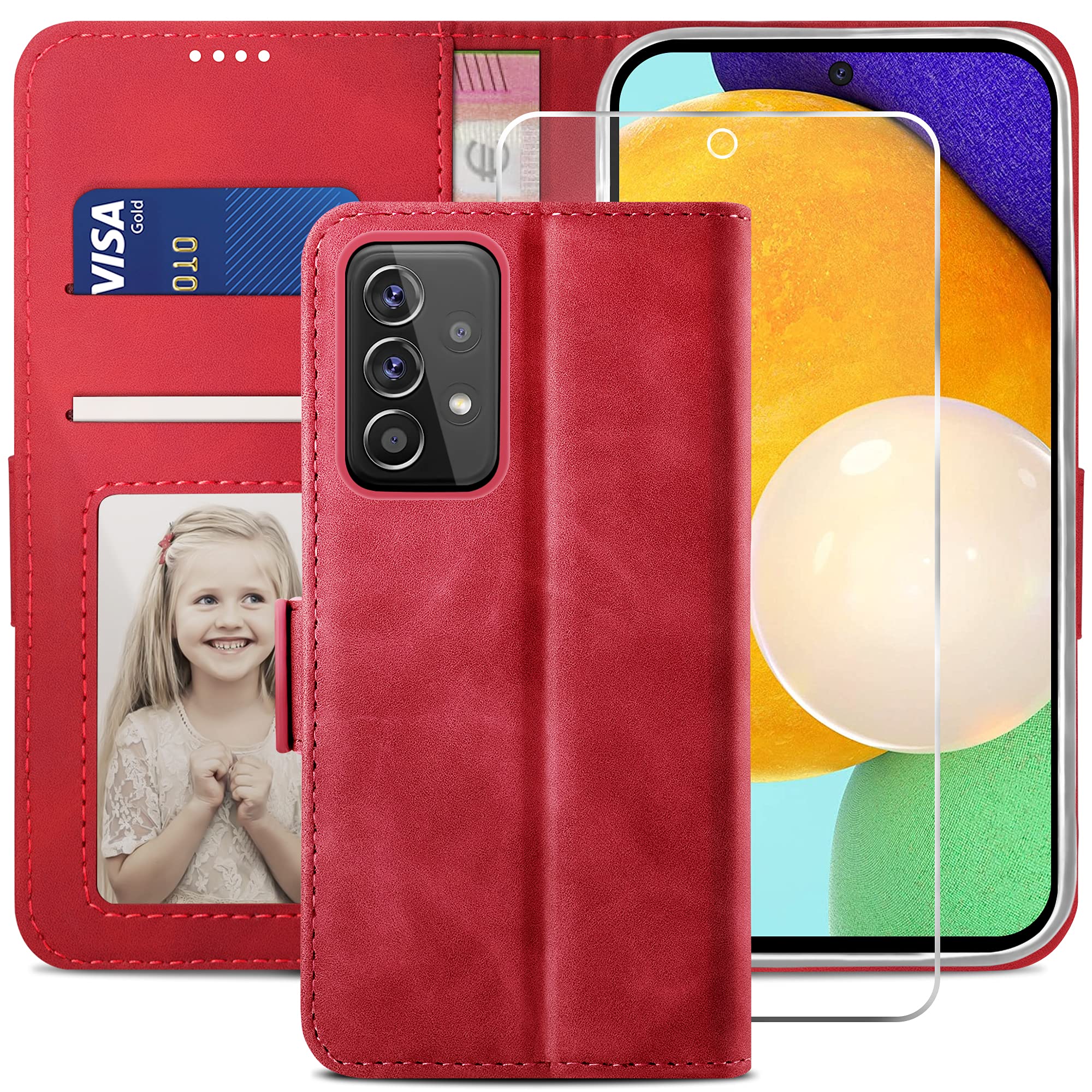 YATWIN Compatible with Samsung Galaxy A52s/A52 5G Case, Flip Wallet Leather Case with Tempered Glass Screen Protector and Card Slot Kickstand Phone Cases Cover for Samsung A52s/A52 5G - Red