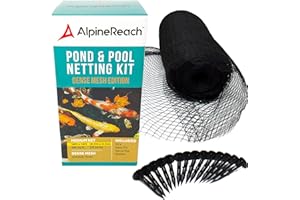 AlpineReach Koi Pond Netting Kit 14 x 14 ft Black Heavy Duty Woven Fine Mesh Net Cover for Leaves - Protects Koi Fish from Blue Heron Birds, Cats & Predators – Reusable & Stakes Included
