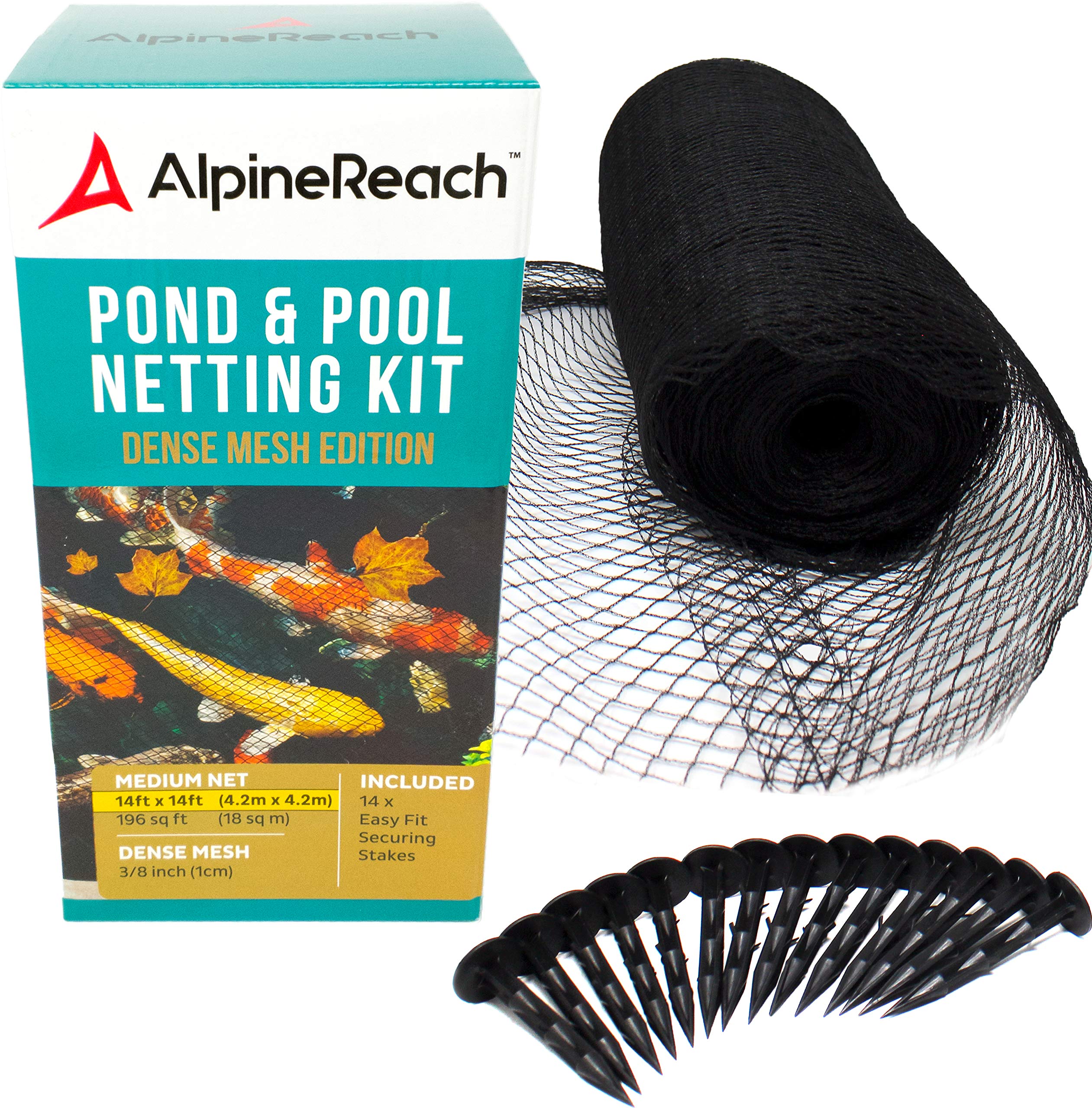 AlpineReach Koi Pond Netting Kit 4.5m x 4.5m Black Heavy Duty Woven Fine Mesh Net Cover for Leaves - Protects Koi Fish from Blue Heron Birds Cats Predators UV Protection - Reusable & Stakes Included