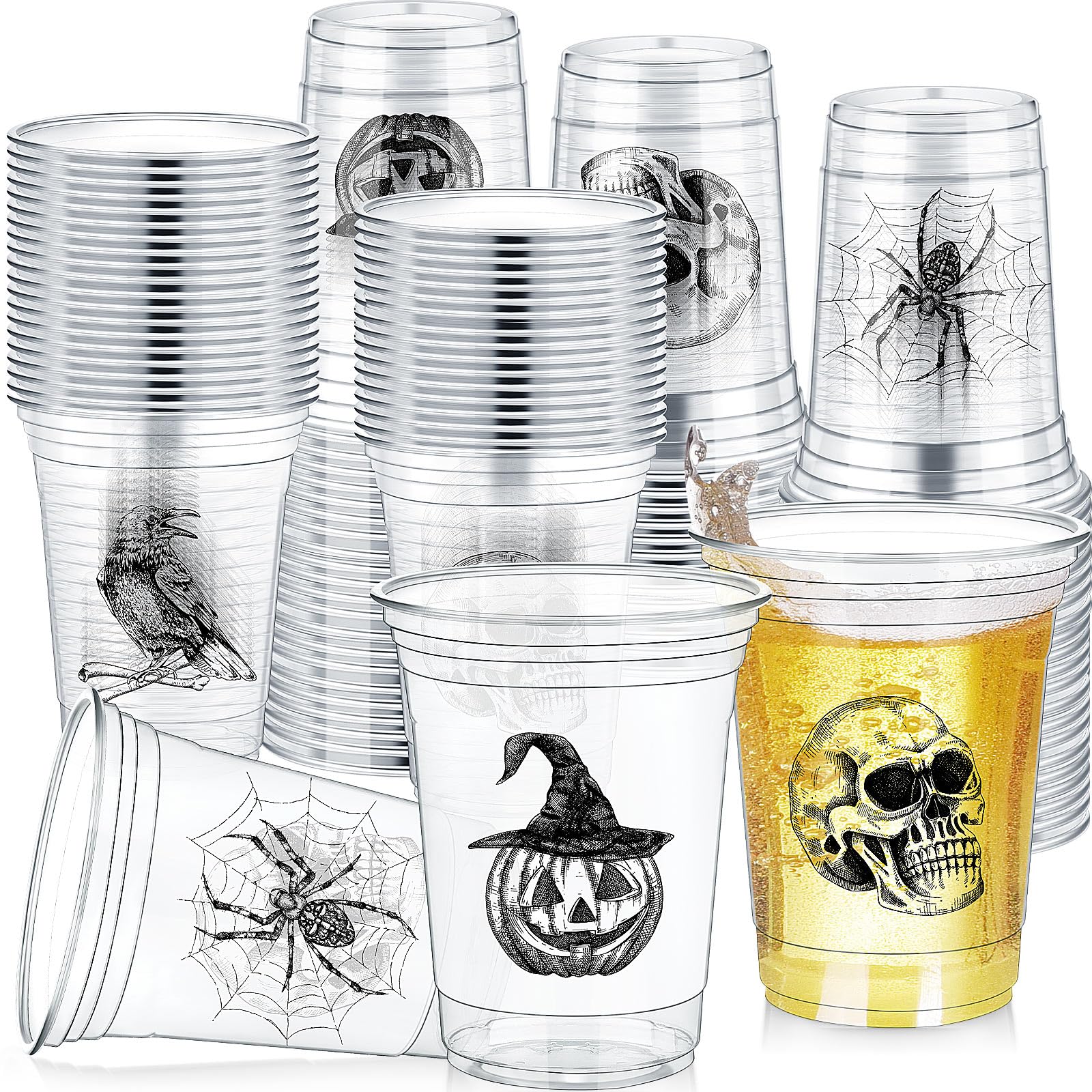Photo 1 of ***** MISSING SOME OF THE CUPS ****** Teenyyou 100 pcs 16 oz Halloween Plastic Cups Disposable Halloween Clear Skull Pumpkin Spider Party Cups for Cold Drinks Candies Fruits and Party Supplies Decorations (Skull)