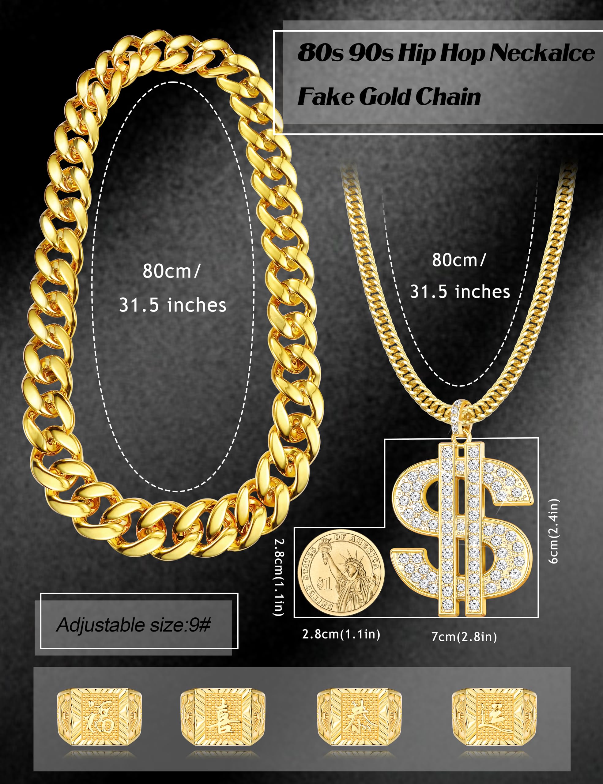 FIBO STEEL 80s 90s Accessories Outfit for Men Women Hip Hop Costumes Outfit Fake Gold Chains Dollar Sign Necklaces and Kanji Blessing Lucky Rings Set 80s 90s Party Jewelry